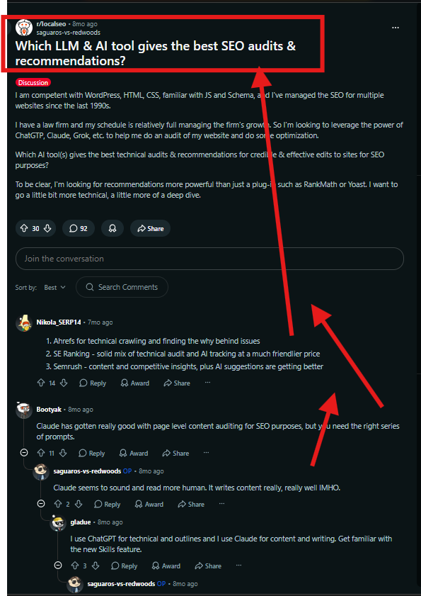 A reddit image people discussing about Which LLM & AI tool gives the best SEO audits & recommendations?