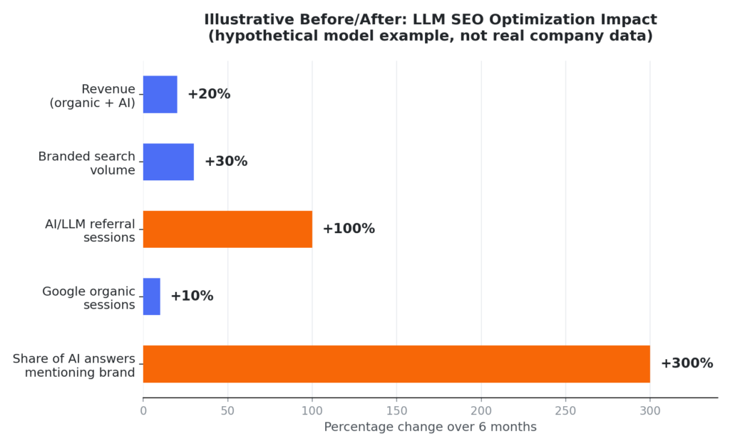 LM SEO optimization software case study showing AI visibility, traffic, and revenue growth over 6 months