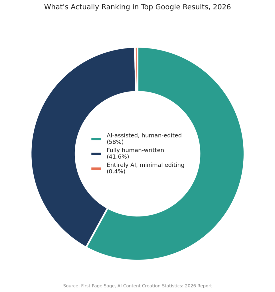 Donut chart showing what's ranking in top Google results in 2026: 58% AI-assisted and human-edited, 41.6% fully human-written, 0.4% entirely AI with minimal editing