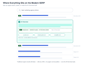 Where everything sits on the modern SERP — AI Overview, ads above/below/within, and organic results